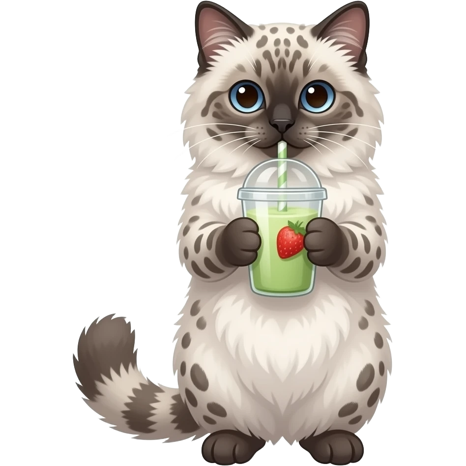 Fluffy snow leopard like ragdoll cat standing up while drinking strawberry matcha 1 tail facing camera emoji
