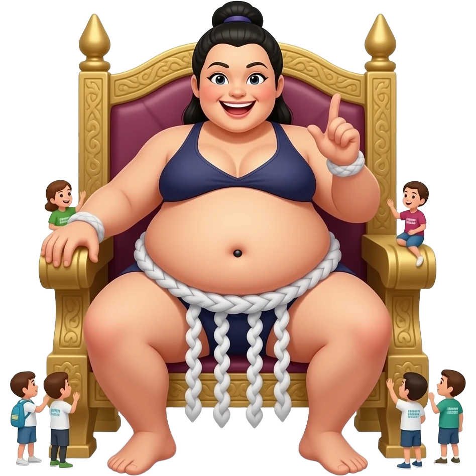 A female sumo warrior rests on a throne bench,with a cutely playful gesture she hangs out her overstuffed obese exposed belly,so the tiny volunteer admirers can use the girl’s vulnerable belly to bounce on,The female giant giggles because her bellybutton is ticklish. emoji