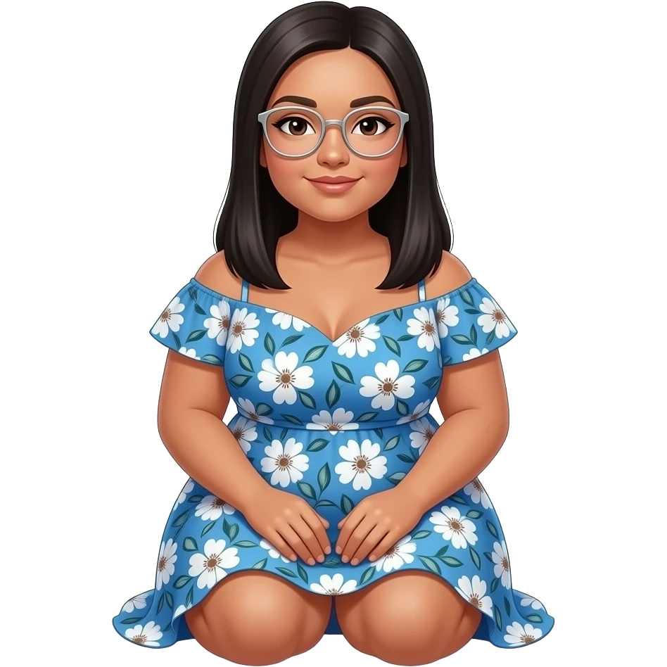 chubby tanned woman with long stright black hair, silver  thin framed glasses, pretty blue flora dress,sitting with knees together emoji