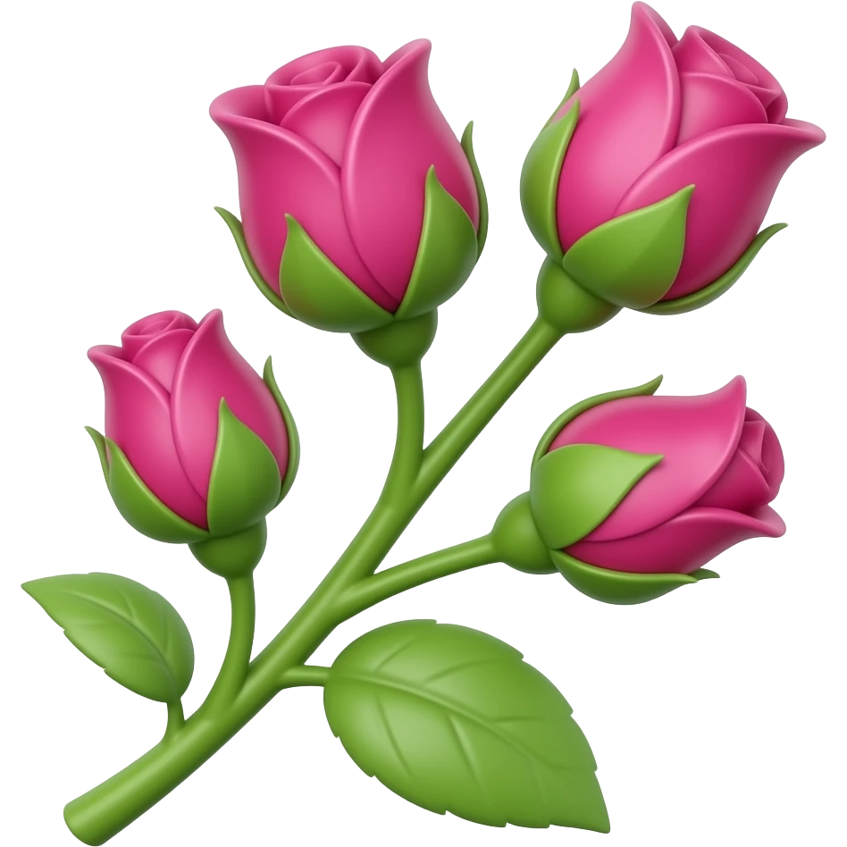 Realistic 3D emoji icon of a small garden rose branch, closed round ...