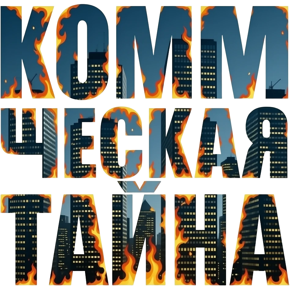 Смотри. Нужно создать смайлик - текст - КОММЕРЧЕСКАЯ ТАЙНА, в стиле бойцовского клуба, может часть букв взрывается как в финале Бойцовского клуба вызрывались небоскрёбы. текст Коммерческая тайна должен быть полность. А буквы горят или взрываются. Сами буквы цвета тёмных небоскрёбов. На русском emoji
