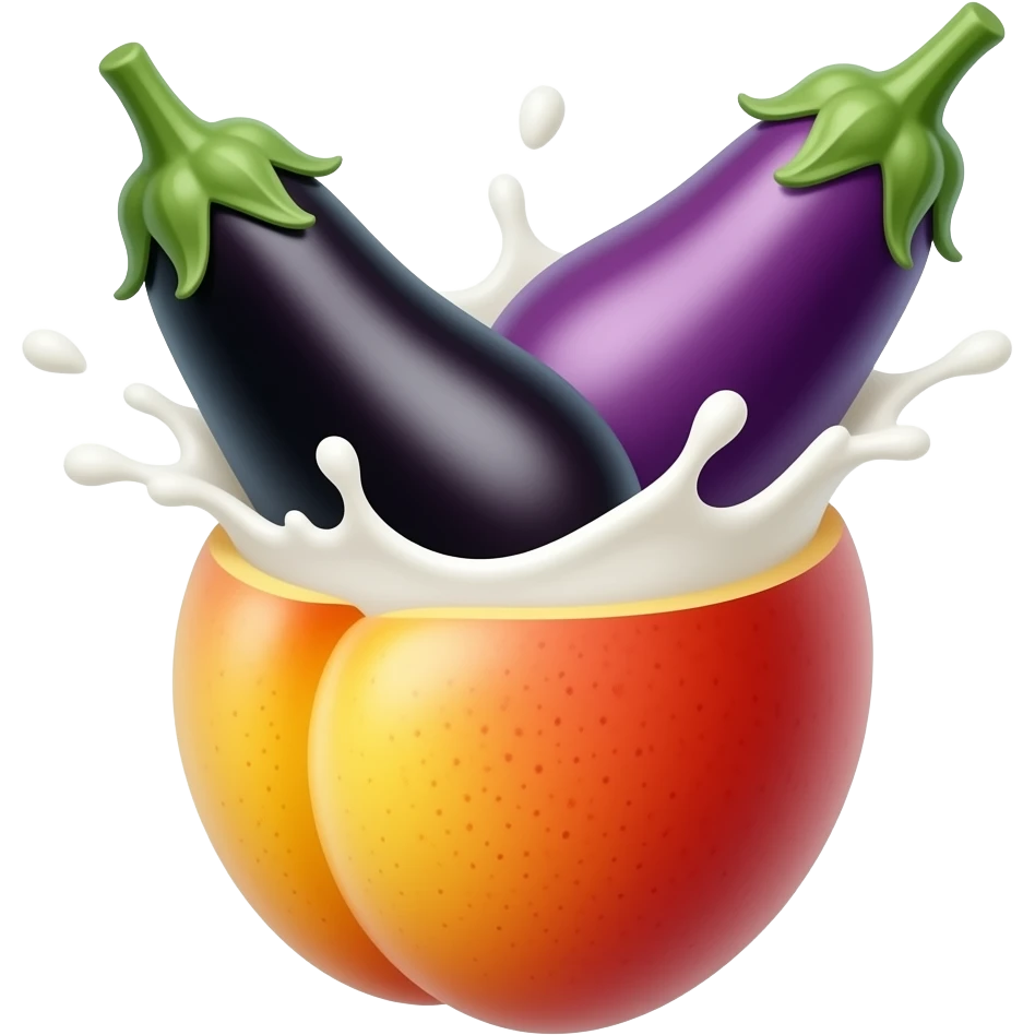 Two eggplants, one black and one purple, splash milk in one juicy peach emoji