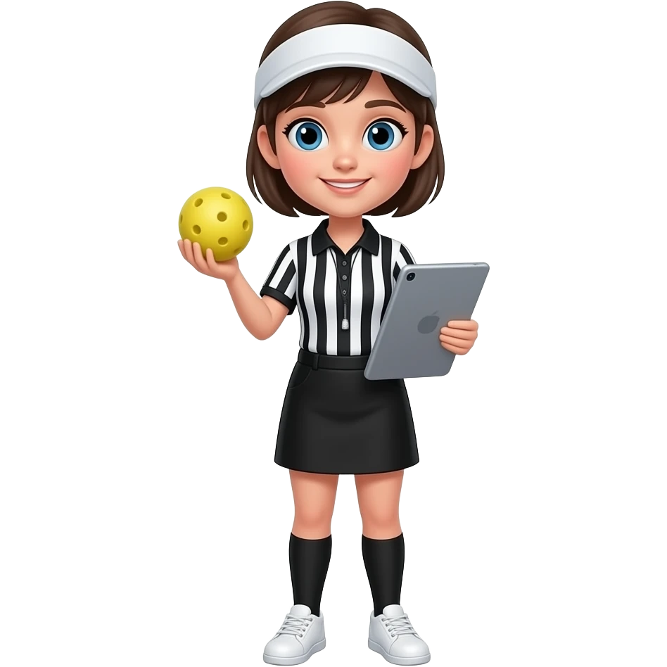 short-haired-blue-eyes-girl-referee-holding-ipad-and-a-yellow-pickle-ball-10-holes,-wearing-sun-visor,-black-white-vertical-stripes-polo-shirt,-black-skirt,-white-snickers emoji