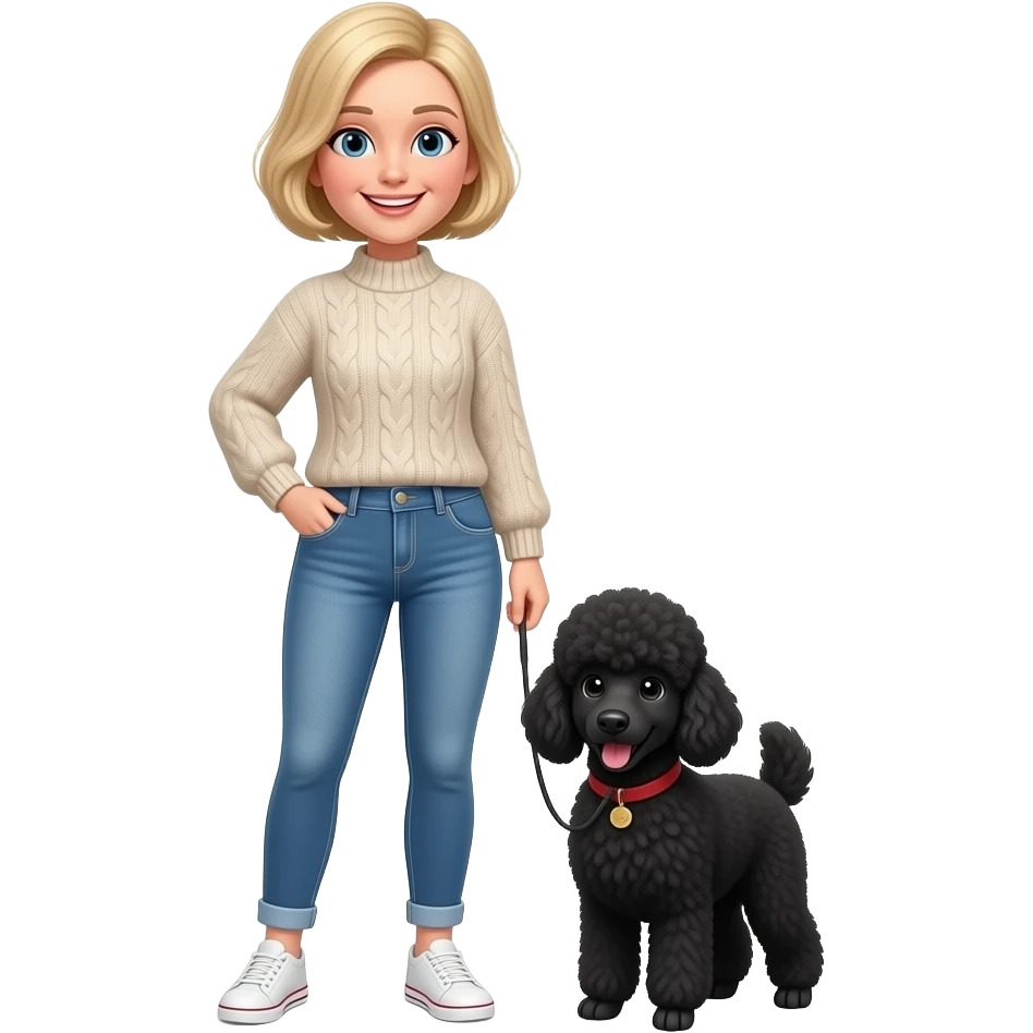 full+_body+woman+standing+blonde+pixie+hair+style+jeans+sweater+smile+with+black+poodleblack poodle dog emoji
