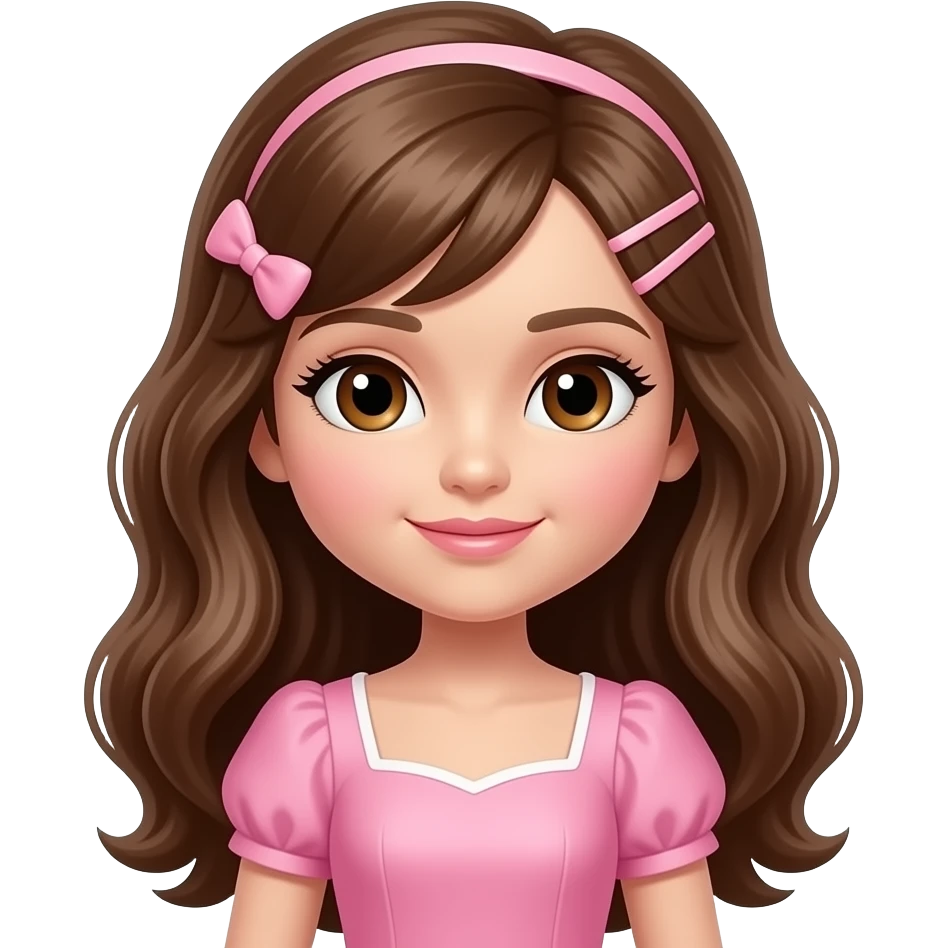 Mismo peinado, mismo accesorios Cabello marrón, ojos cafés , vestido de muñeca rosa, piel de juguete emoji
