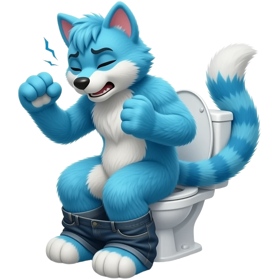 blue furry fursuit sitting on toilet, side view, pants down, straining face, eyes closed, pushing, squeezing, both fists, straining, long tail emoji