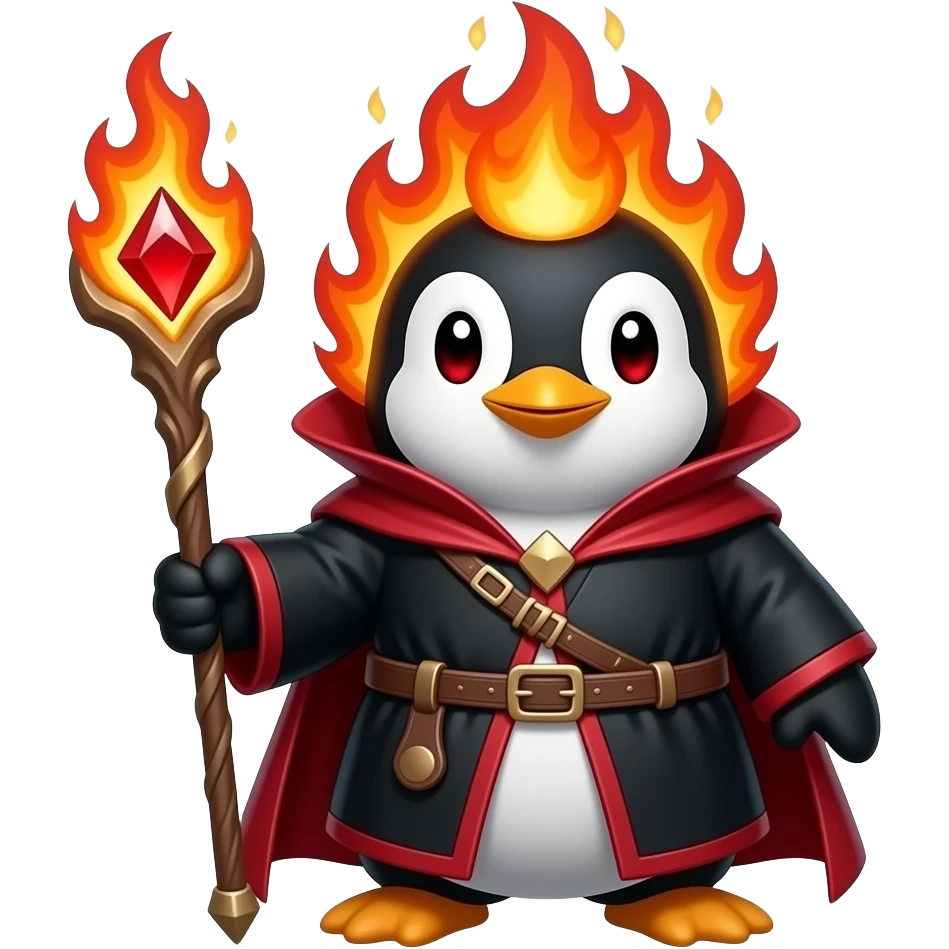 penguin fire wizard, fire elements red eyes, staff with firey red gem, black and red outfit emoji