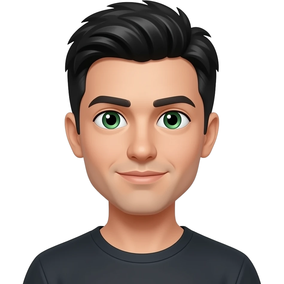 tall, early 20's, male, black hair, green eyes, emoji