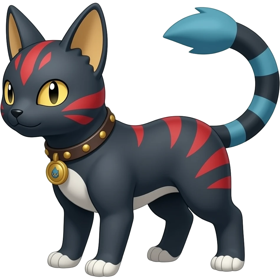 midnight scaly blue-gray-black, with red markings, white belly, scaley Bastet-Salandit-Absol-Umbreon-Litten-Noibat-Digimon-Fakémon-Pokémon-creature (full body) emoji
