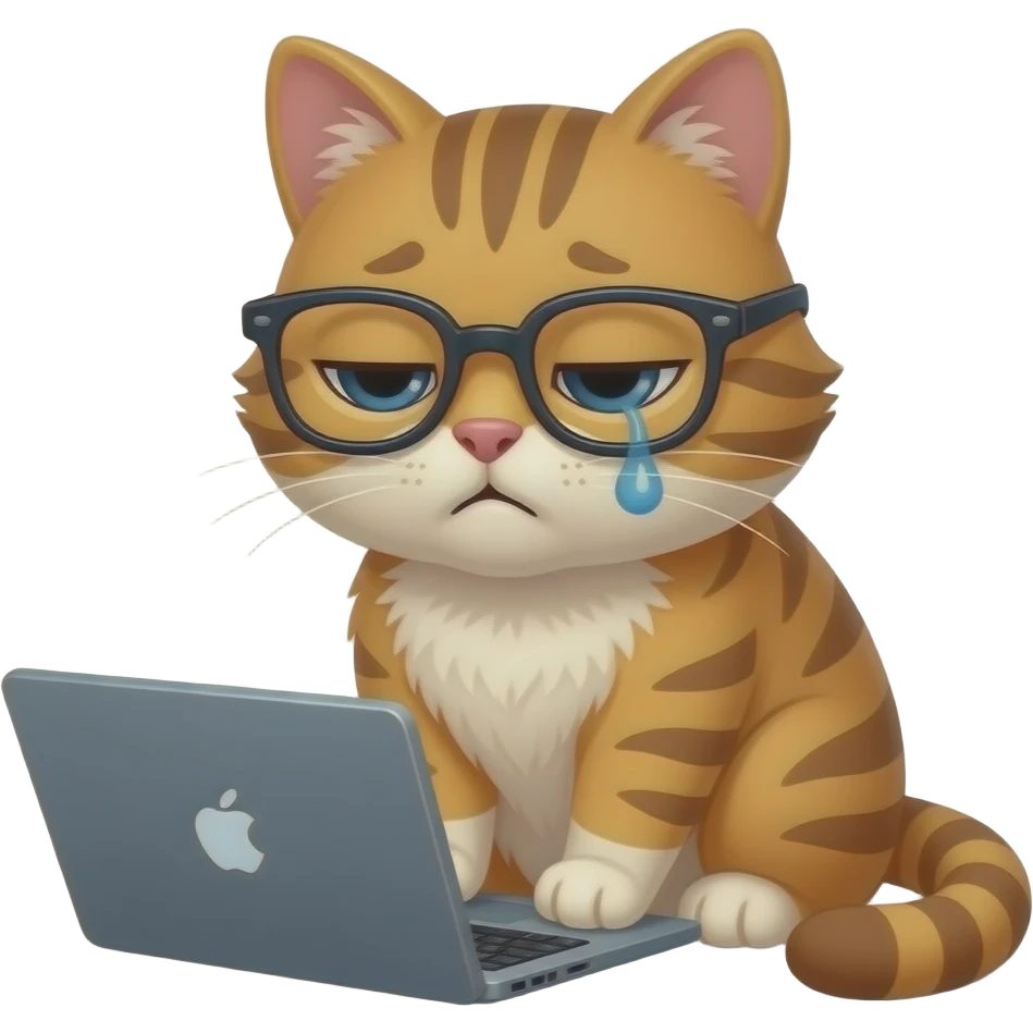 extremely exhausting cat looking at the laptop with the glasses emoji