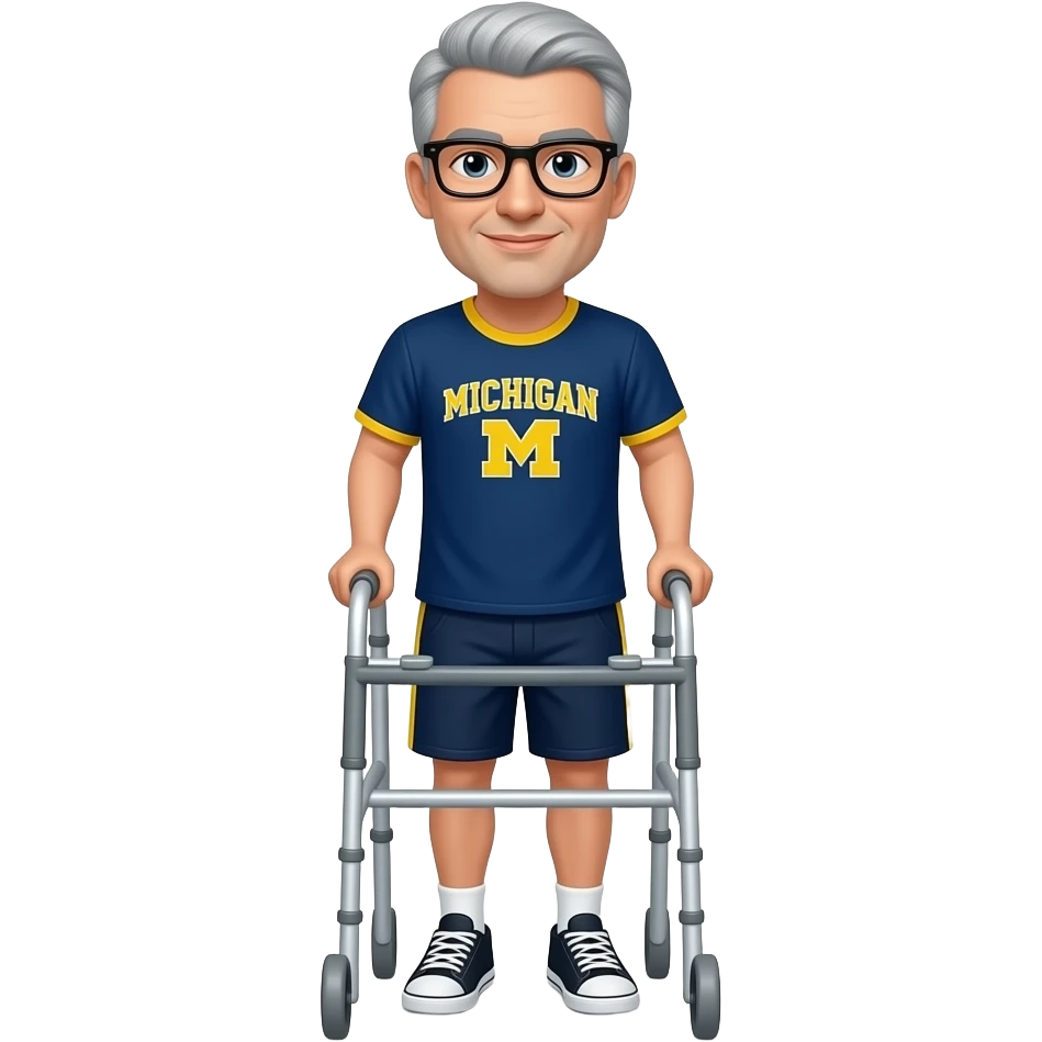 an emoji of a guy using a walker. He looks a little like harrison ford. He has salt and pepper hair, black rectangle glasses, no facial hair. He should be wearing a shirt with the state of michigan on it and a pair of shorts. emoji