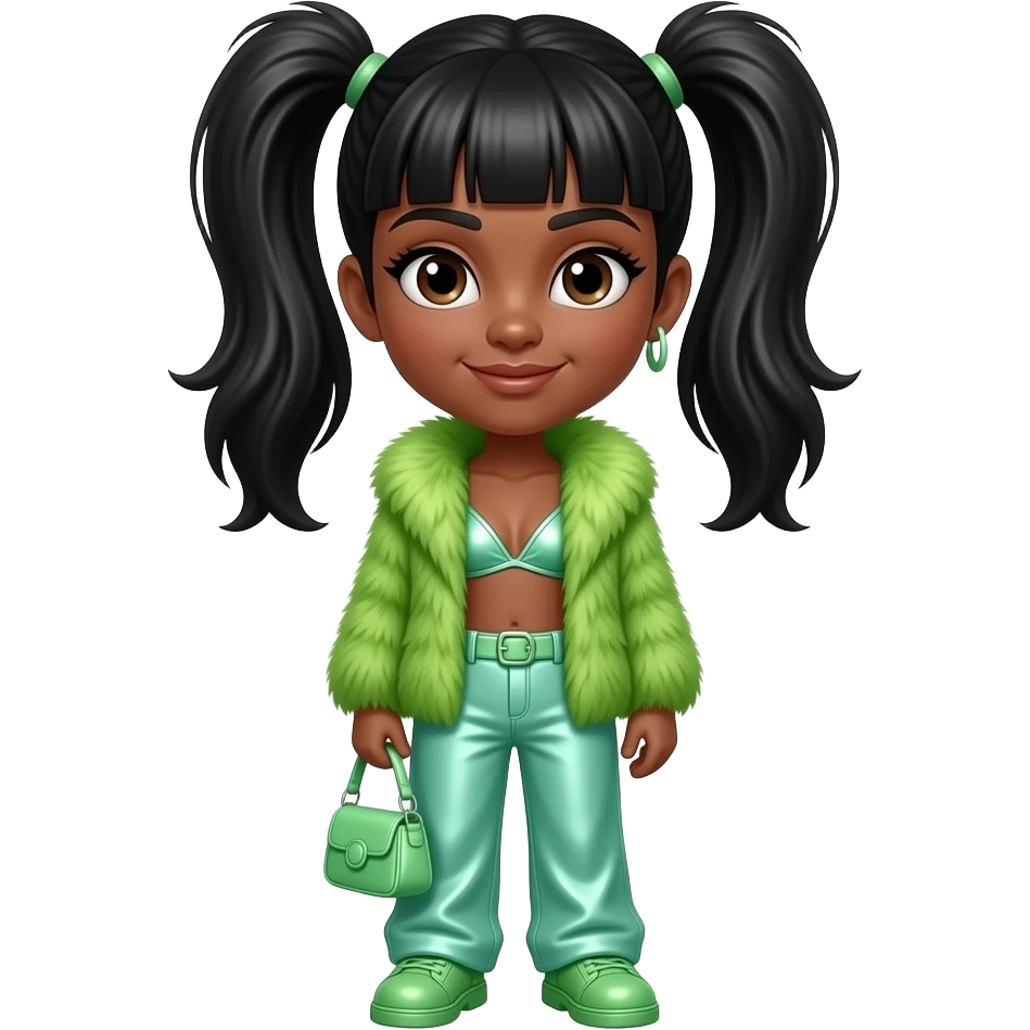 Left Eye from TLC with medium brown skin, dark brown eyes, black two high ponytail bang hair, green fur shawl, mint green metallic bra, mint green metallic baggy pants, green shoes emoji