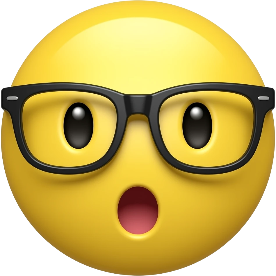 Yellow circle with glasses with a surprised face with no eyebrows and no nose and ears emoji