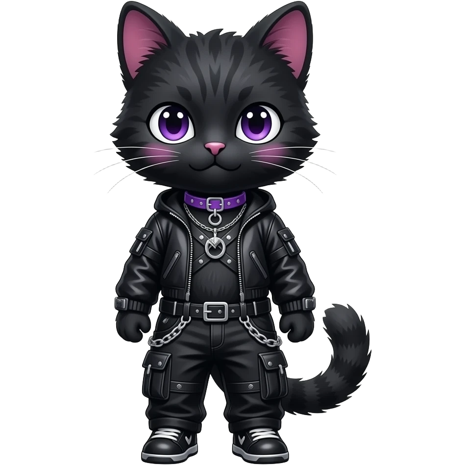 Gorgeous furry gothic dark techwear anime style anthro black cat furry sona Fakemon with blushing face aesthetic and pretty edgy black with violet collar and harness trending style chains cargo pants tomboy emoji