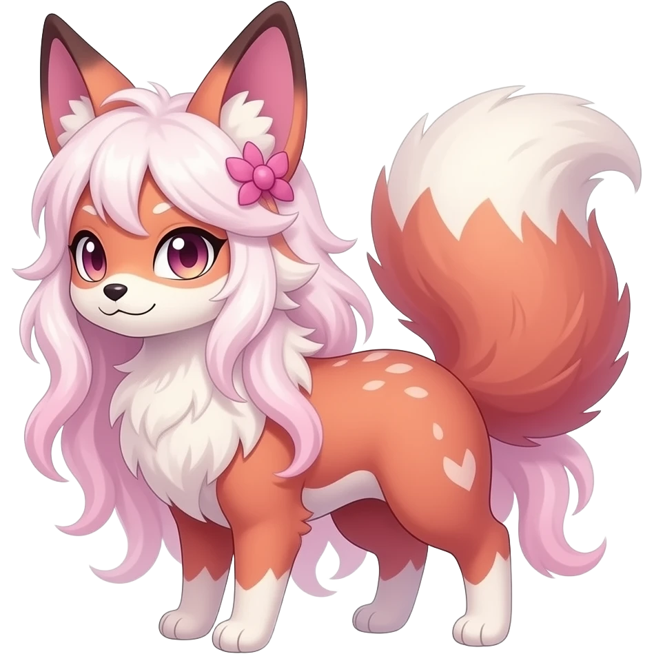 Fuzzy slim oriental feathery long-haired beaded mane cozy rosy aesthetic feathery Rosy beautiful Sylveon-Furret-Fennekin-Minccino-Espeon-Fakémon-hybrid emoji