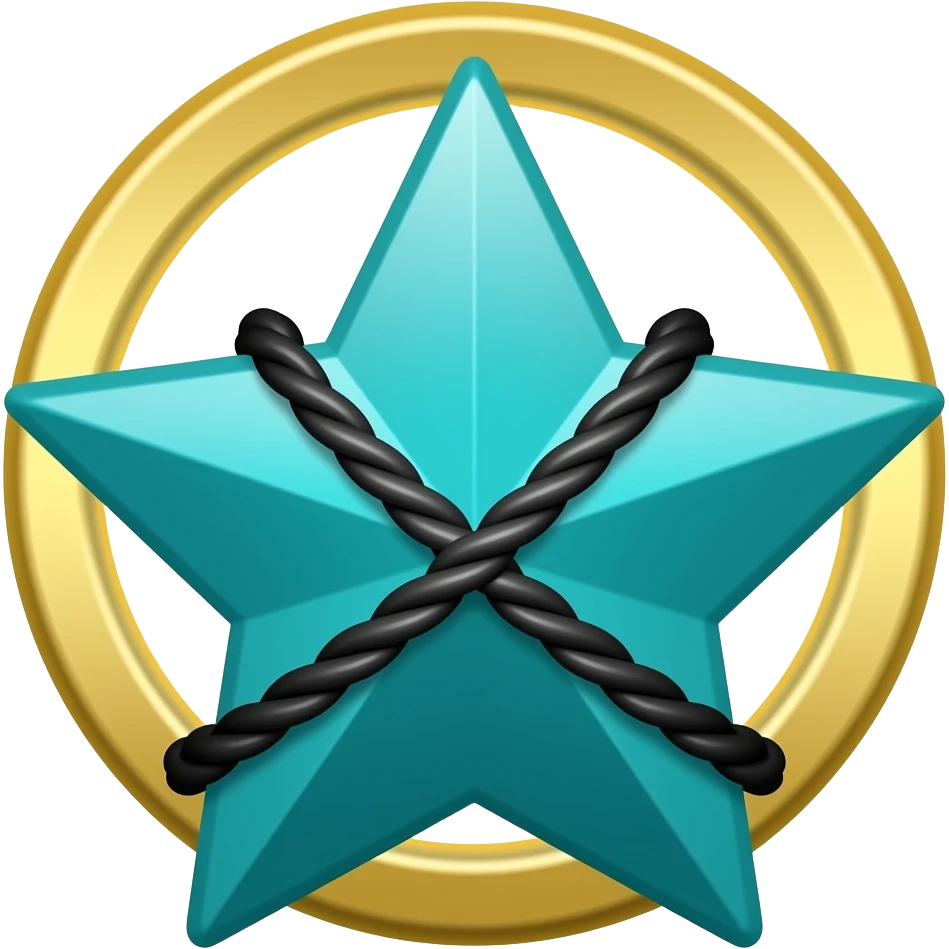 Teal star with a golden halo with black ropes across it emoji