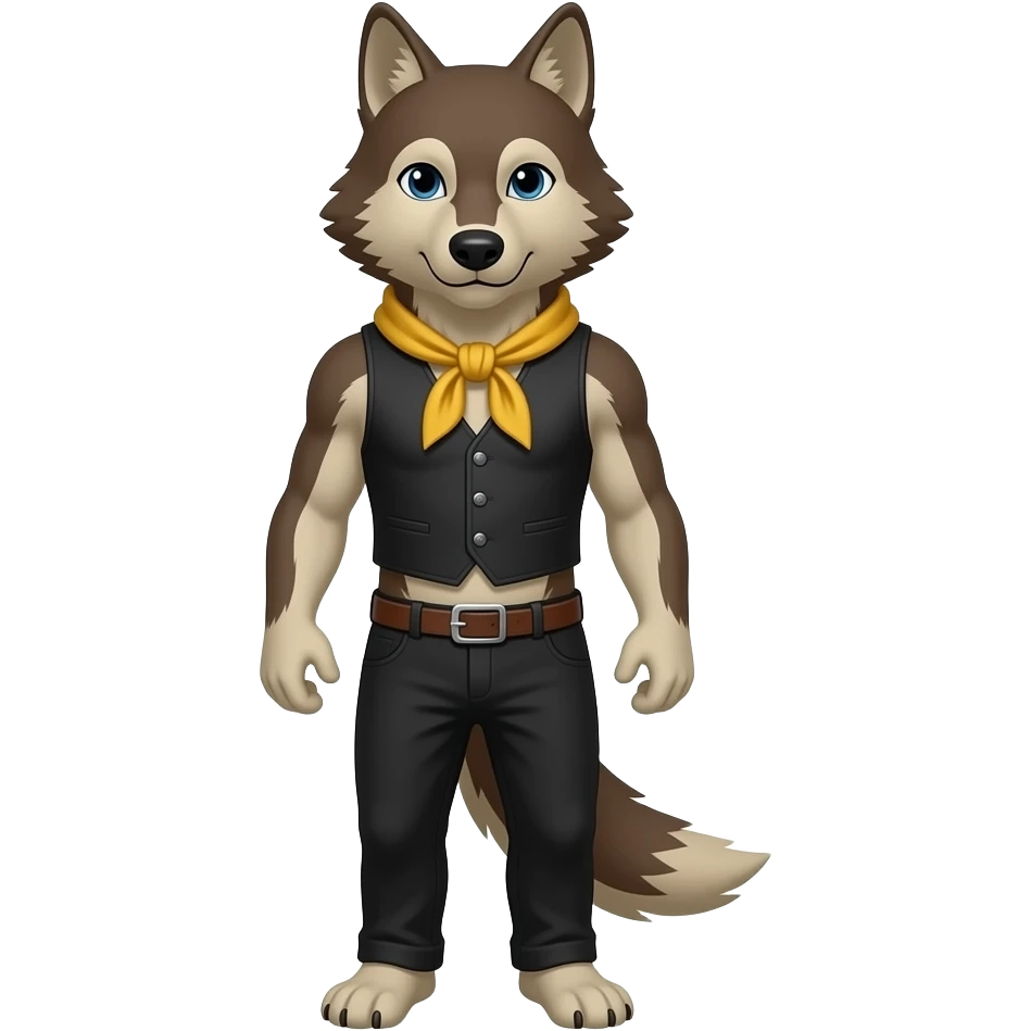 A wolf standing upright, with human-like arms and legs, dark brown and beige fur, dark blue eyes. He wears a yellow pioneer neckerchief tied in a loose triangular knot, a black cropped open vest and black pants. emoji