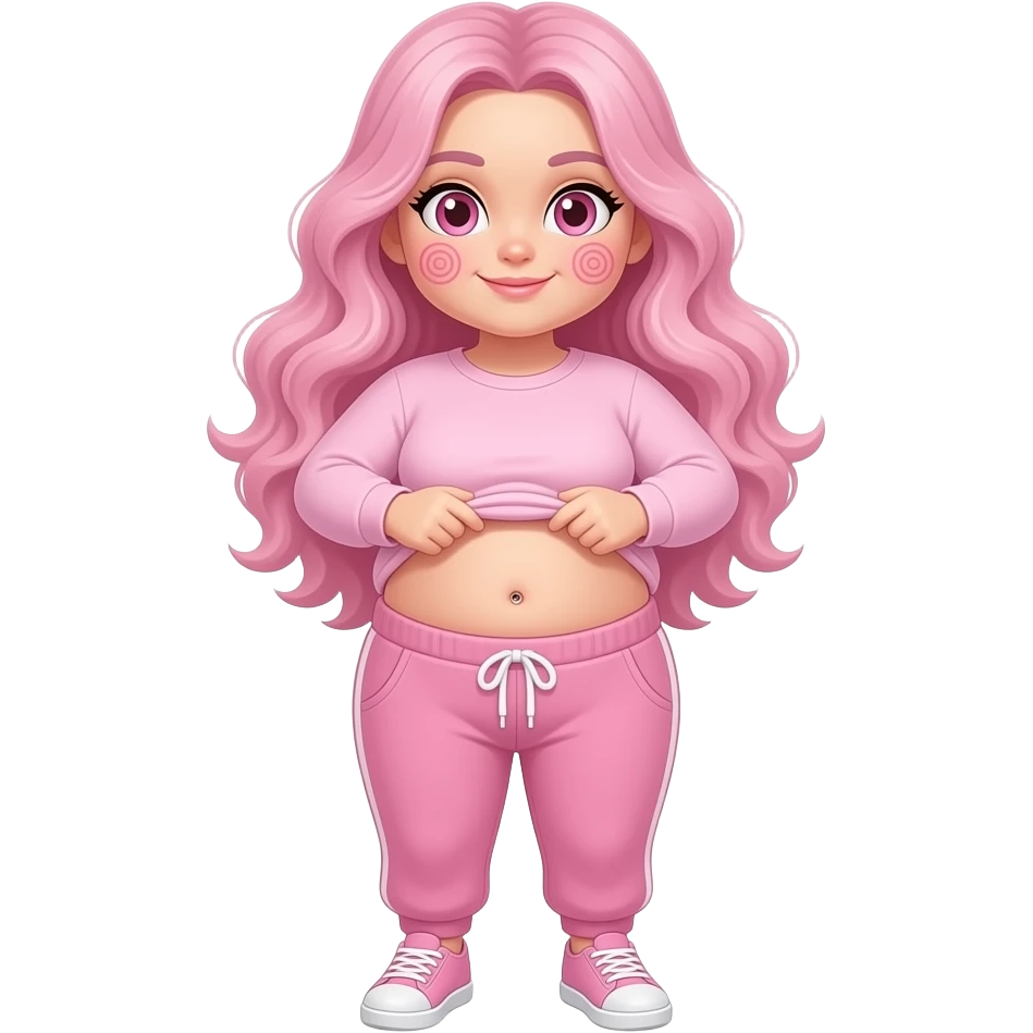White obese girl pink eyes light pink swirly long hair pink swirl cheeks light pink plain long sleeve shirt light pink sweat pants light pink shoes lifting her shirt showing pink swirly belly button emoji