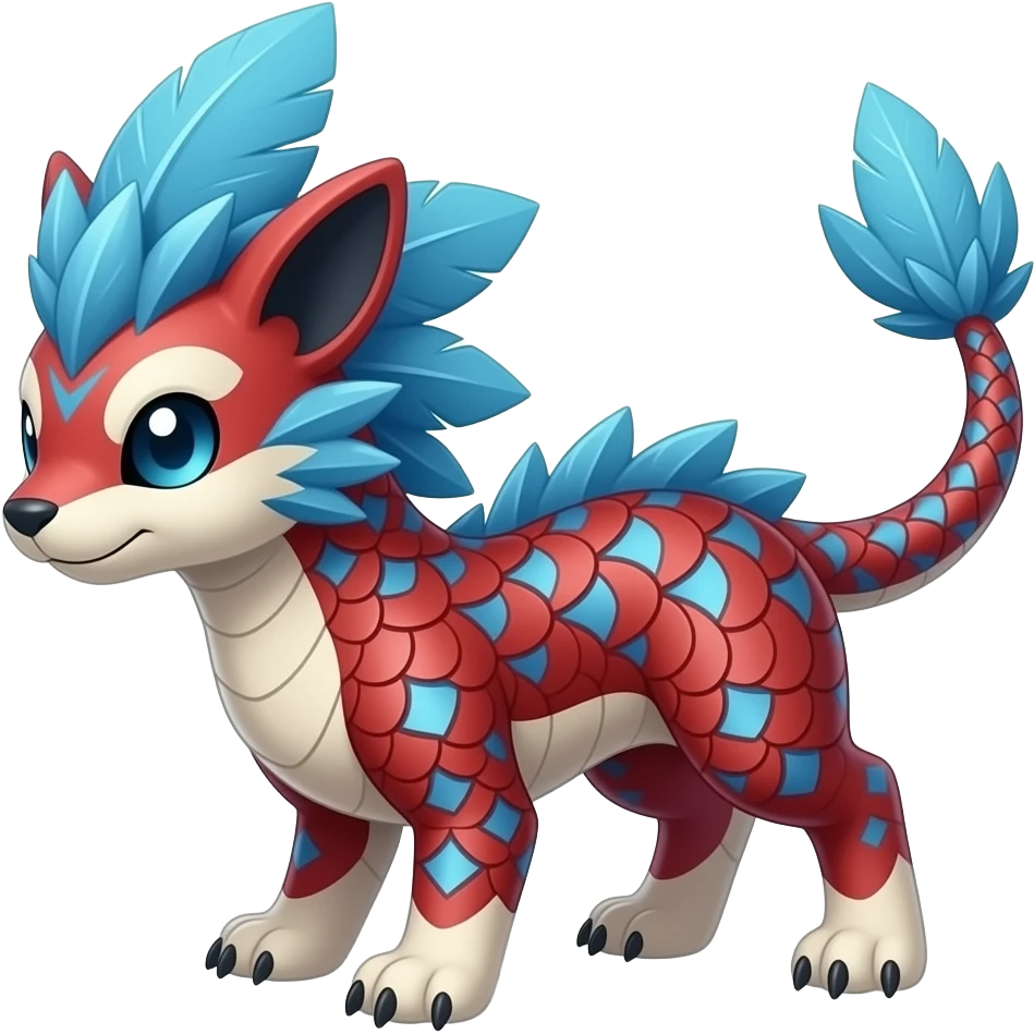 scaly shiny feather-maned spiky patterned tribal-patterned digitigrade quadrupedal Red and blue Vaporeon-Salandit-Glaceon-hybrid emoji