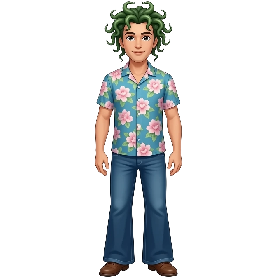 Clean shaven Male Medusa in bell bottoms and floral print short sleeve button up emoji