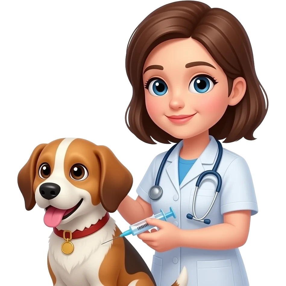 veterinaria mujer pelo morocha ojos oscuros vacunando a perro emoji