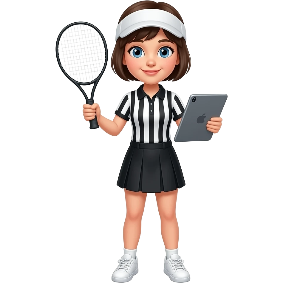 short haired blue eyes girl referee holding ipad and a pickleball, wearing sun visor, black white vertical stripes polo shirt, black skirt, white snickers emoji