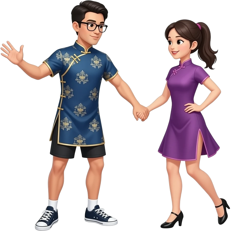 male with glasses in cheongsam dress (no shorts) and dancing sneakers. show whole body profile with right hand outstretched to grasp a lady dancer's hand. emoji