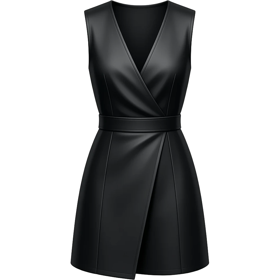 No belt. No arms. Black. Sharp V neck. No belt. A line. Sleeveless. Panels coming out from the waist. Knee length emoji