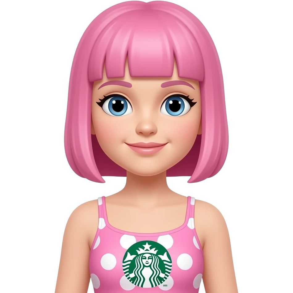 A pink girl wears a white dots and pink big dots and white pink gradient corals and starbucks swimsuit emoji