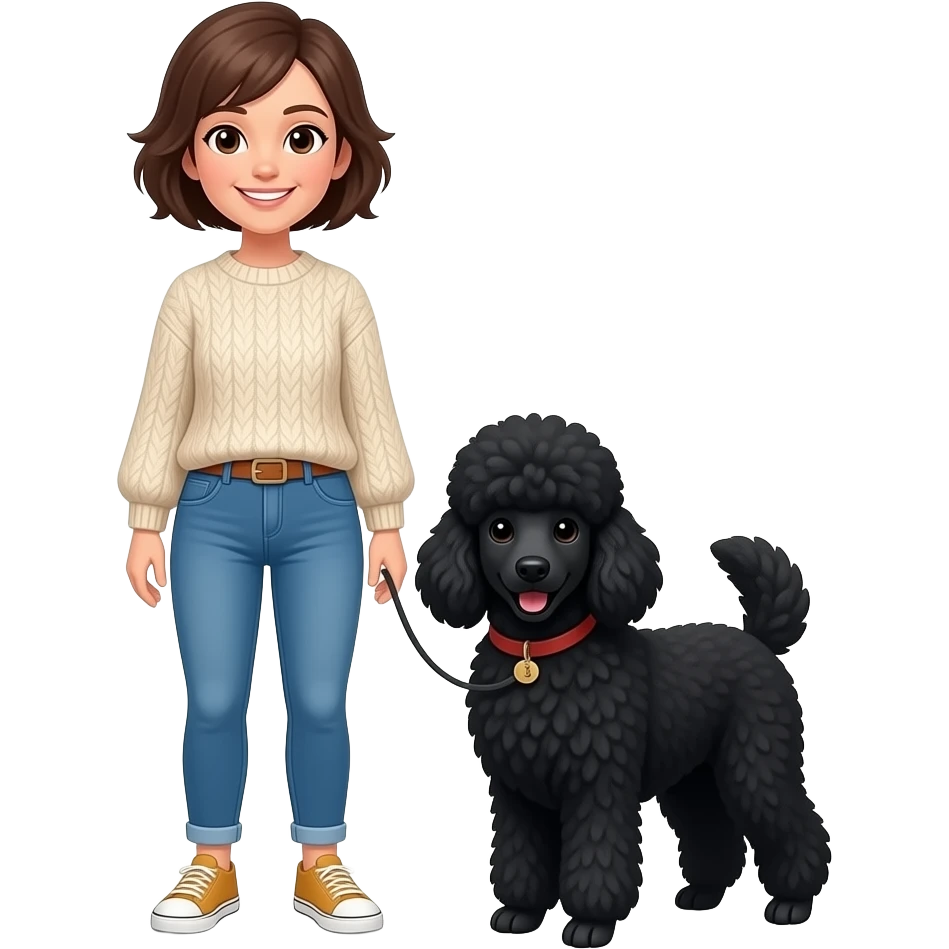woman full body standing pixie hair style jeans sweater smile with black poodle dog emoji
