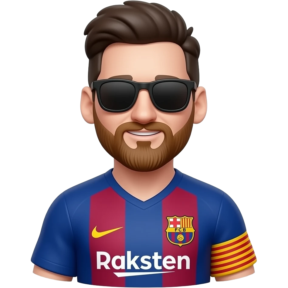 Messi-inspired 3D emoji, full Barcelona jersey, 2 small black sunglasses near both sides of torso. emoji