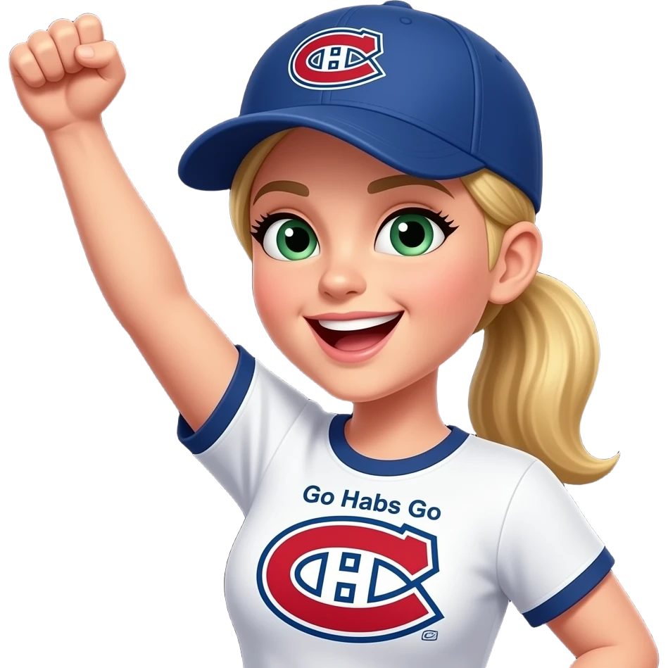 Green eyed Woman Cheering with arm in the air with blonde hair with pony tail, where Montreal Canadians cap and Go Habs Go written on jersey shirt. Put a black background emoji