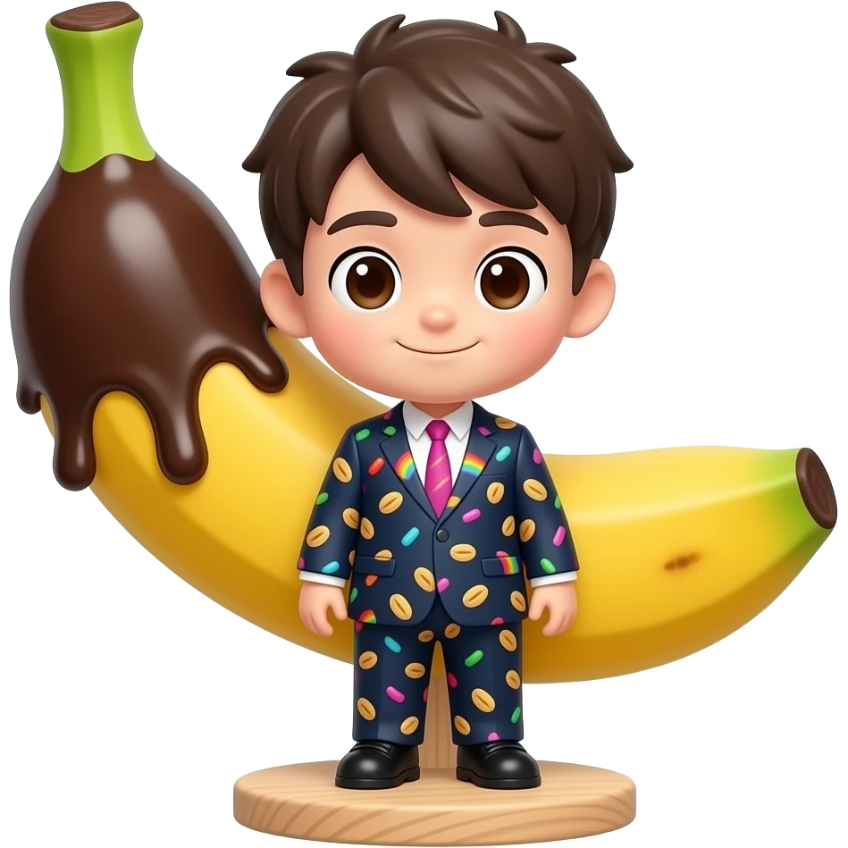 A full-body boy chibi made of a frozen banana dipped in thick, glossy ...