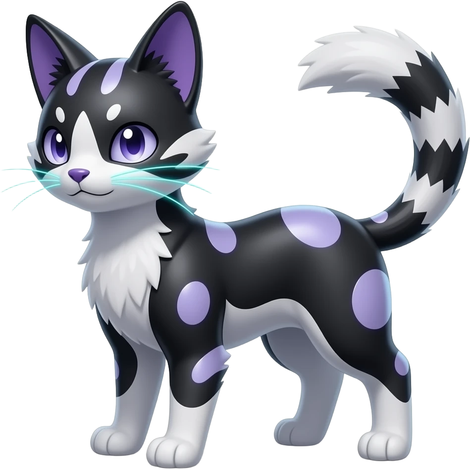 Realistic slim smooth oily shiny glossy elegant bioluminescent dull, scaly furry oil-blackish oily greyish, purplish, whitish abyss-fantasy-Zorua-Sprigatito-Absol-feline-Fakémon-fusion, with thin neon-glowing bulb-whiskers, koi-piebald-flecked full body emoji