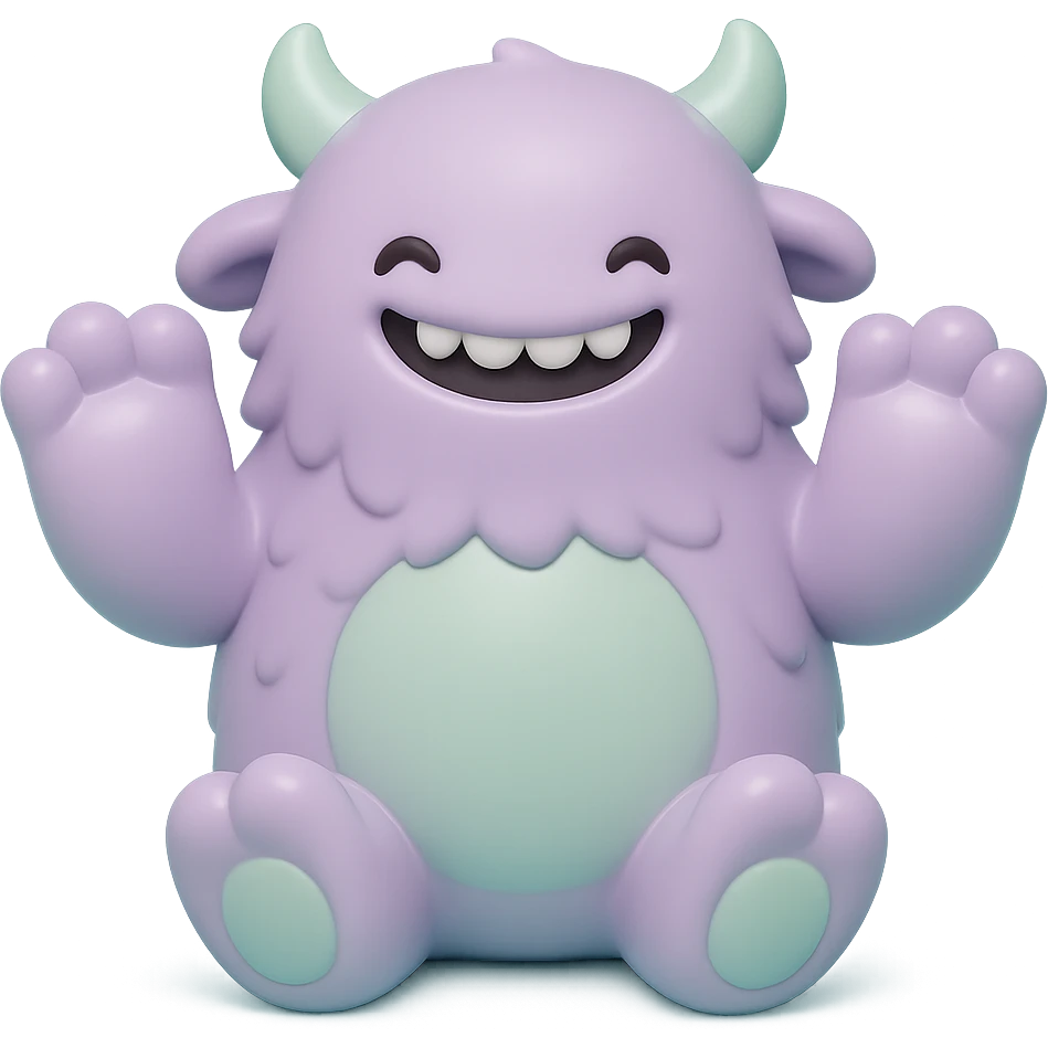 fluffy monster with oversized paws, smiling, soft lavender and mint green colors emoji