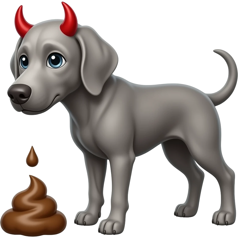 Silver Weimaraner with shiny gray eyes and red devil horns pooping emoji
