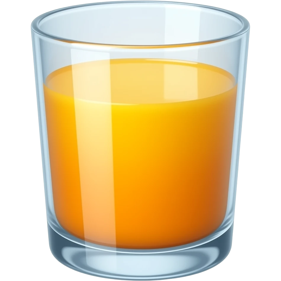 iOS-style emoji sticker of a glass of fresh orange juice, bright vibrant orange color, slightly translucent liquid with subtle light reflections, minimal clean 3D design, glossy surface, simple rounded glass, centered composition, white or transparent background, modern and cute emoji aesthetic. emoji