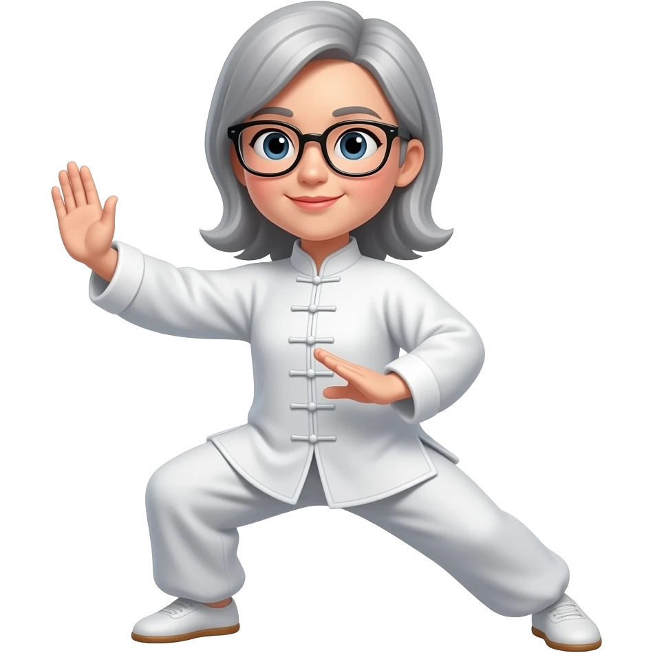 Taichi position grue blanche femme lunettes cheveux mi-long gris clair chine emoji