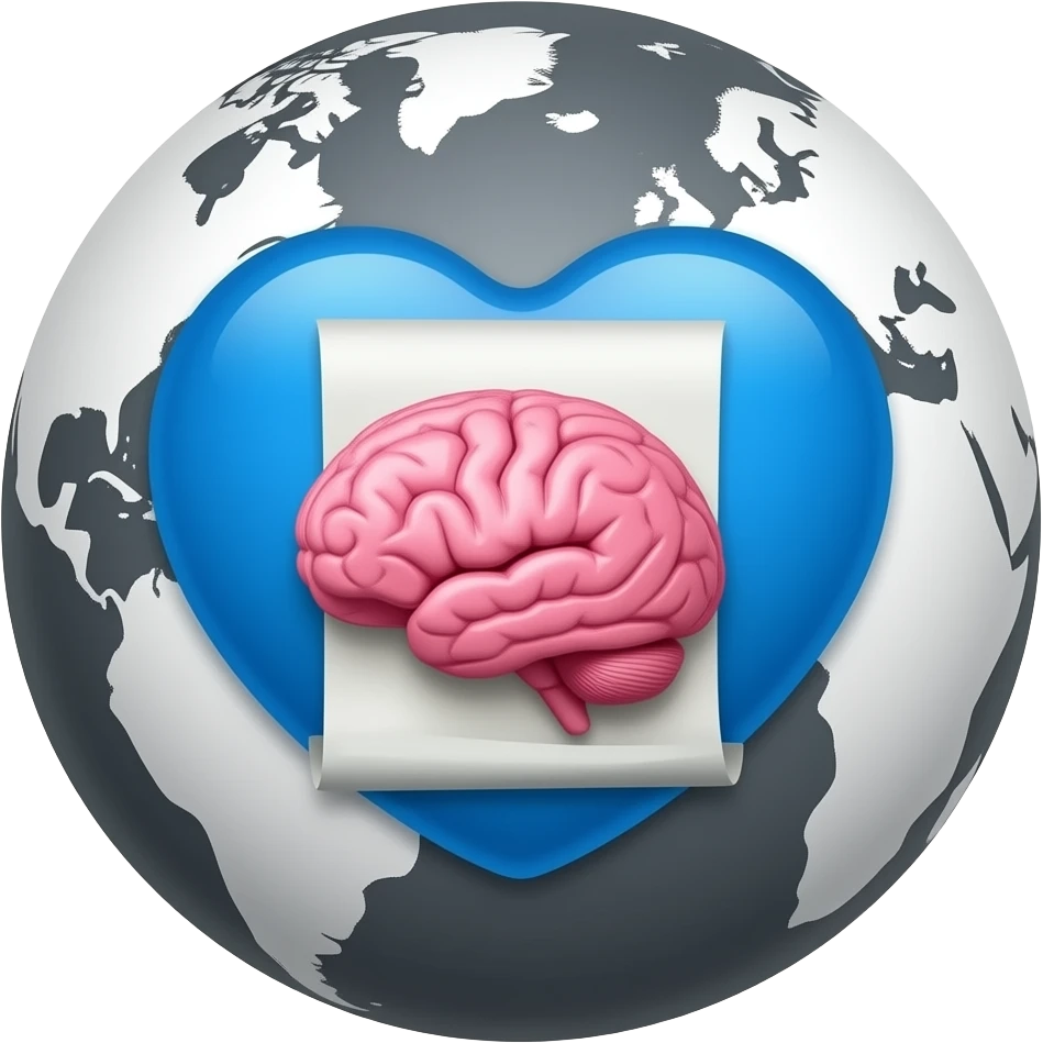 a dark gray and white globe with a blue heart in and a hot pink brain inside of the heart and add a open scroll inside of the brain, make sure the brain is behind the scroll emoji