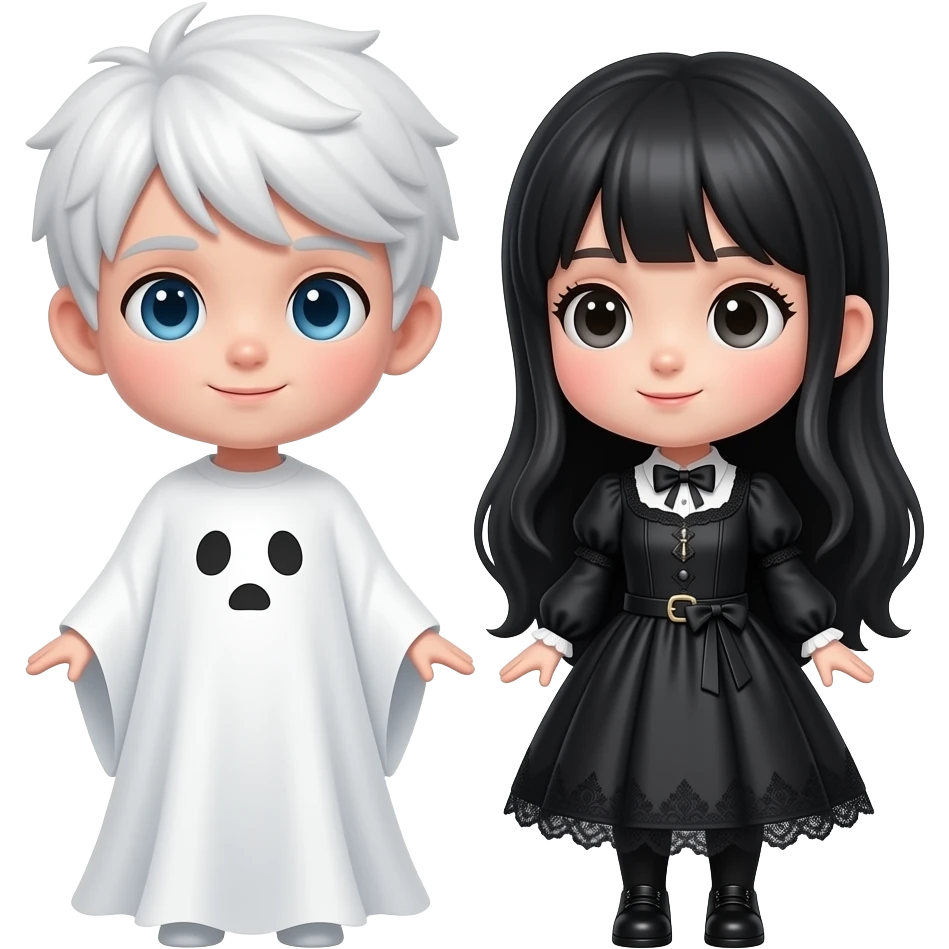 same exact cute 3D ghost couple emoji, left side profile, white ghost boy and gothic ghost girl, kawaii style, glossy 3D emoji render, only camera angle changes, same character identity, same proportions, same colors emoji