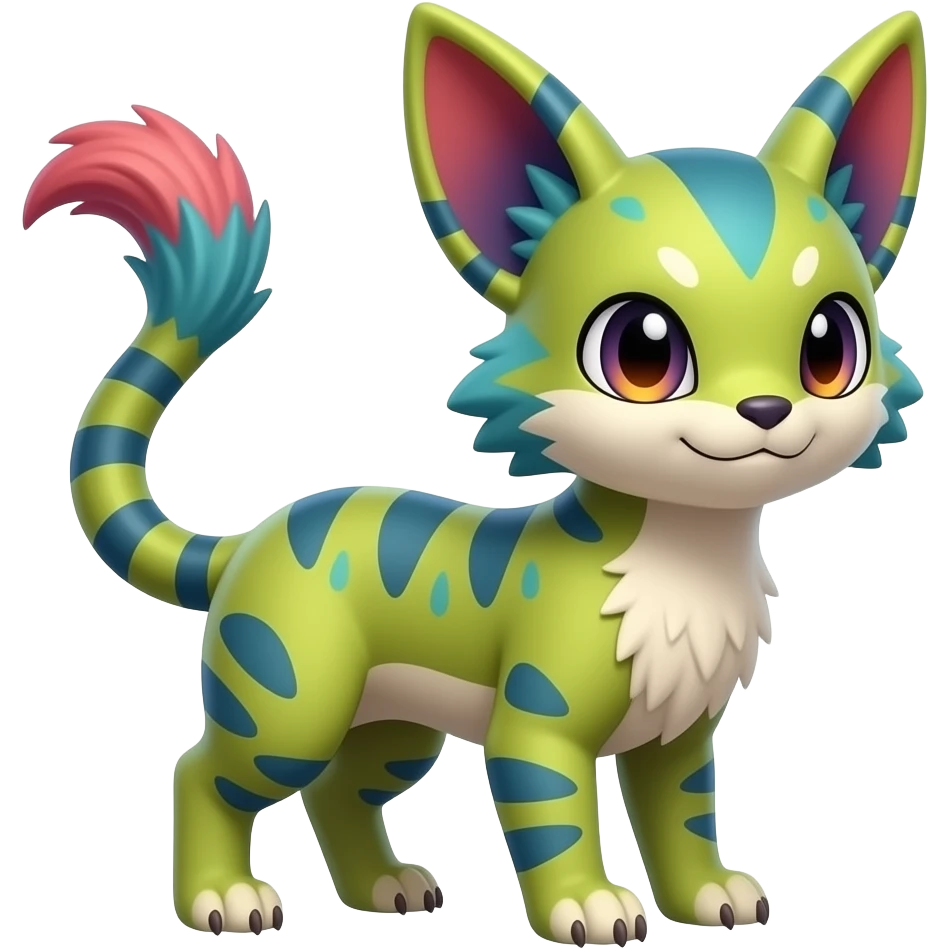 Exotic tropical happy Beautiful pretty cool edgy elegant realistic Feral Rare Fantasy colorful vibrant Vernid-Trico-species-Fakemon-creature by LiLaiRa, random markings, tufted tail, tufted ears, full body  SIMILAR Products  Company  © 2026 851 Inc. Crafted with care in San Francisco emoji