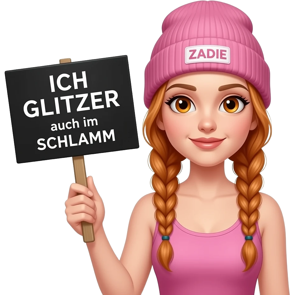 sexy girl with overlong ginger braids and ginger eyes wearing a pink tanktop and a pink beanie with ZADIE written on it, is holding a black sign with ICH GLITZER auch im SCHLAMM written on it emoji