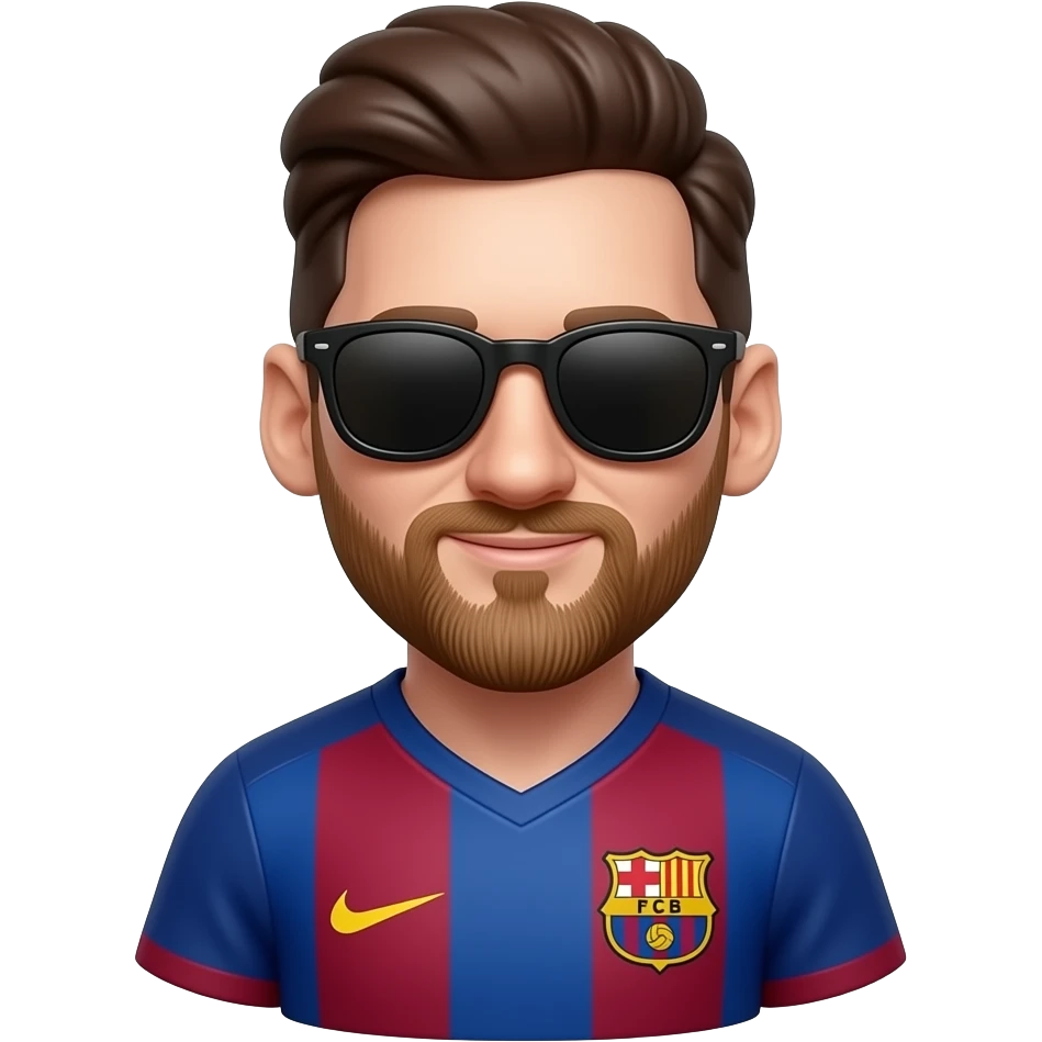 Messi-inspired 3D emoji, full Barcelona jersey, 3 black sunglasses near lower jersey area. emoji