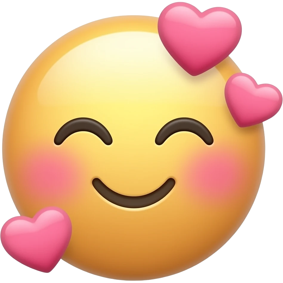iOS-like 3D smiling face with hearts emoji icon, cute round face, soft blushing cheeks, closed happy eyes, gentle smile, three small pink hearts around the face, soft rounded glossy texture, clean white background, centered composition, minimal cute icon style. No apples, no fruit. emoji