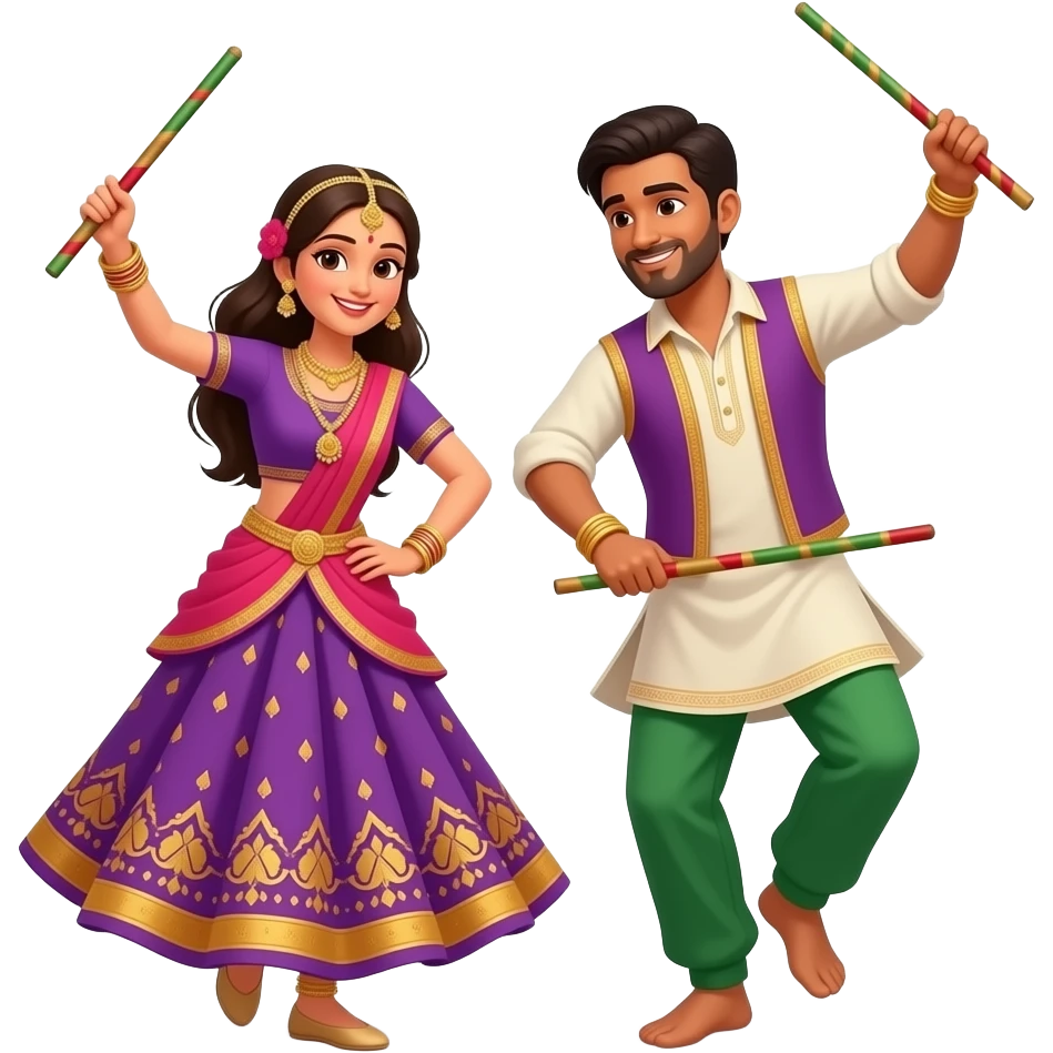 Make emoji of 1 couple in garba outfit with dandiya and garba dress they play garba emoji
