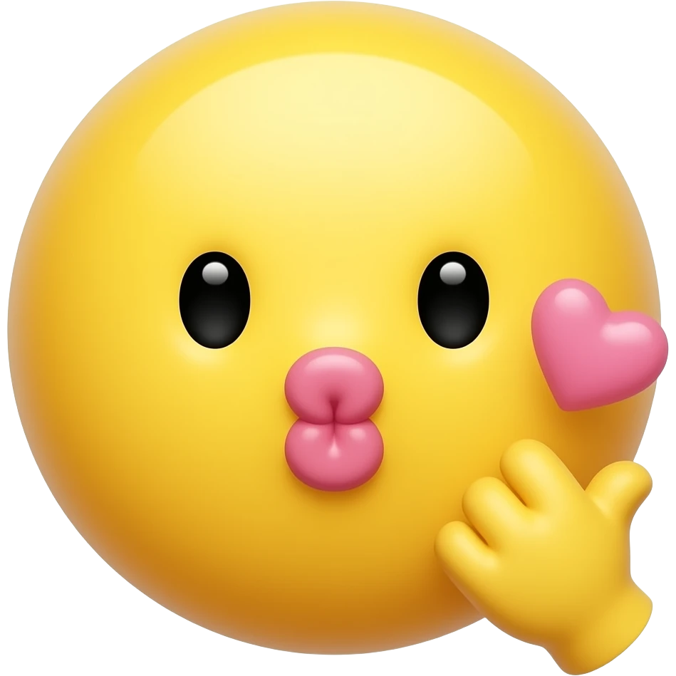 Cute blowing kiss emoji, yellow round face, puckered lips, small hand blowing a kiss, floating pink heart, playful expression, face and hand only emoji