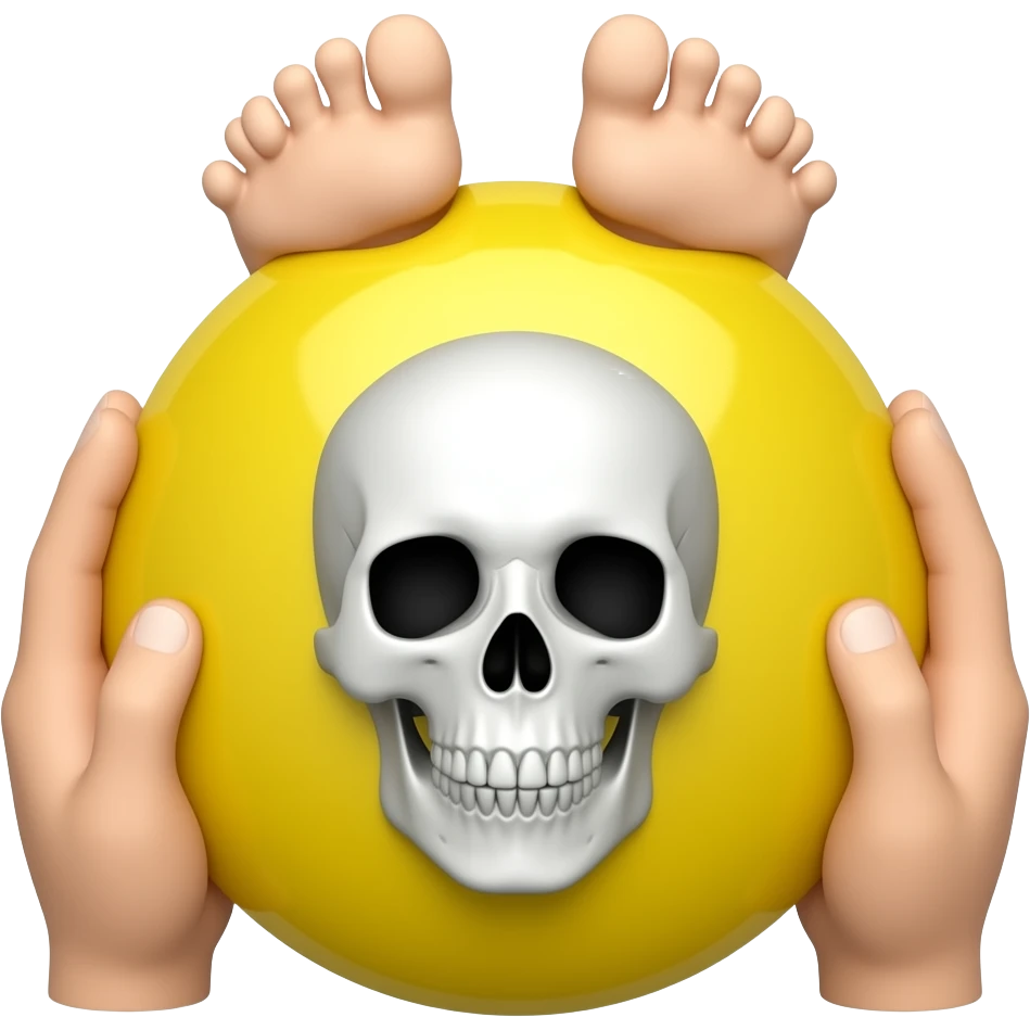 两只手左右扶着一个黄色圆 圆的上面有两只脚 圆的中间有一个骷髅头 emoji