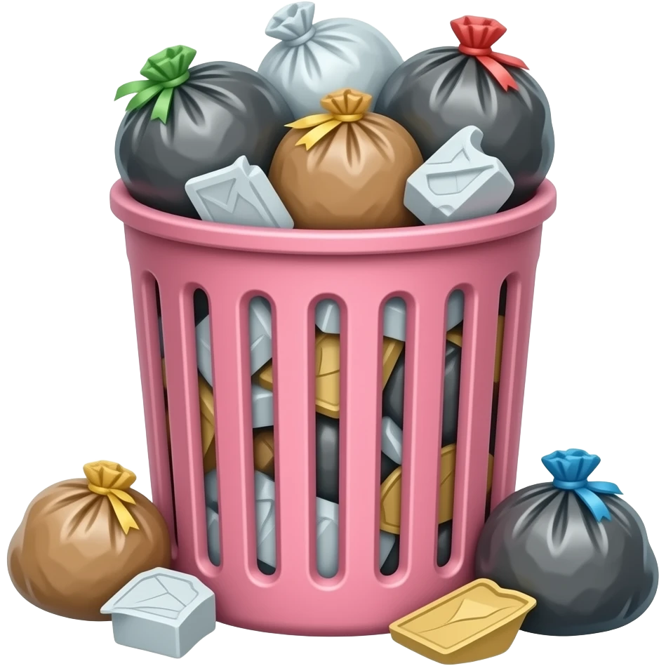 solid pink garbage can. overflowing with garbage. emoji