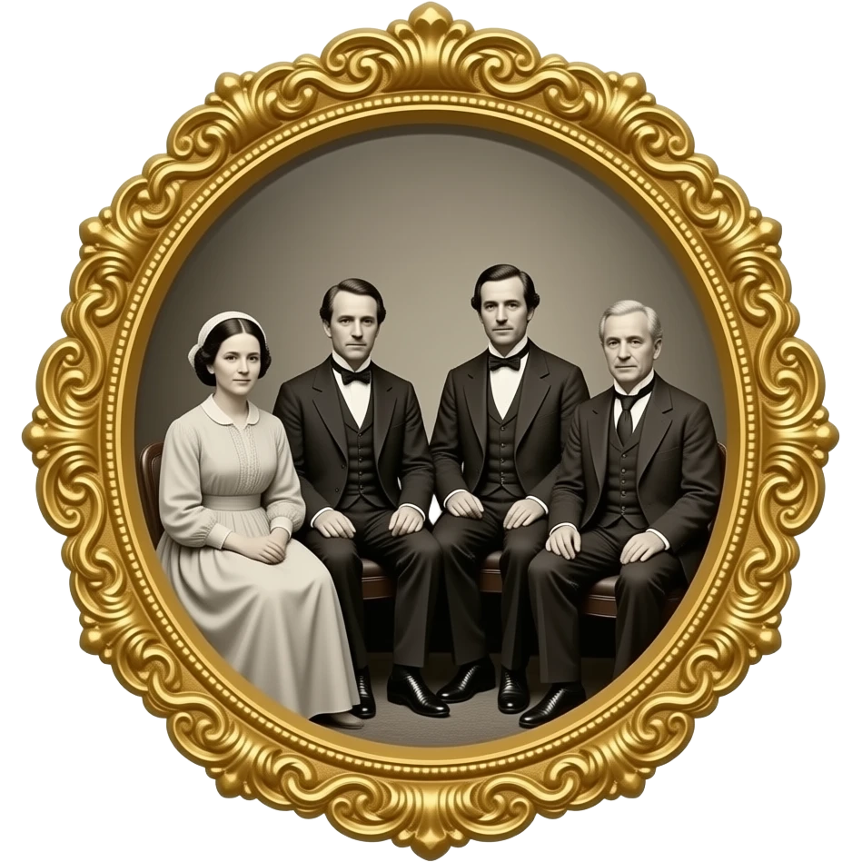 two mothers and two fathers depicted in sitting poses as in daguerreotypes posing in vintage bourgeois suits - in daguerreotype brooch format emoji