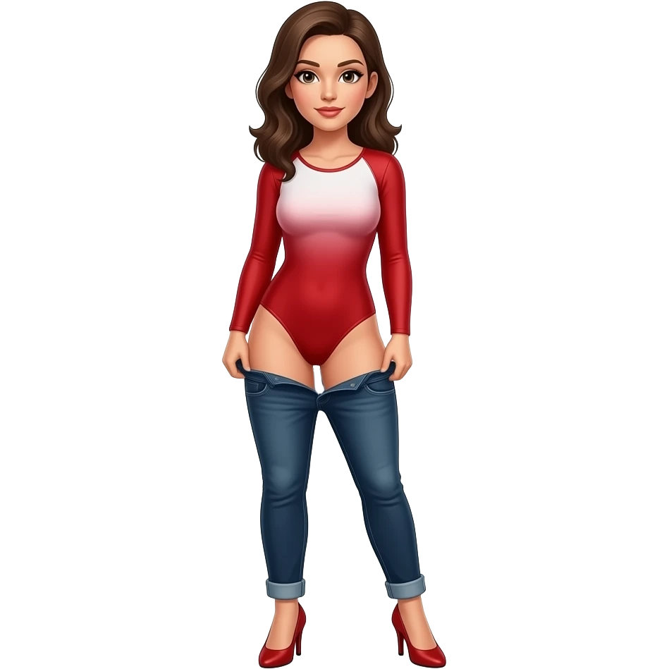 Woman in long sleeve red and white leotard wearing high heels and standing with pants down emoji